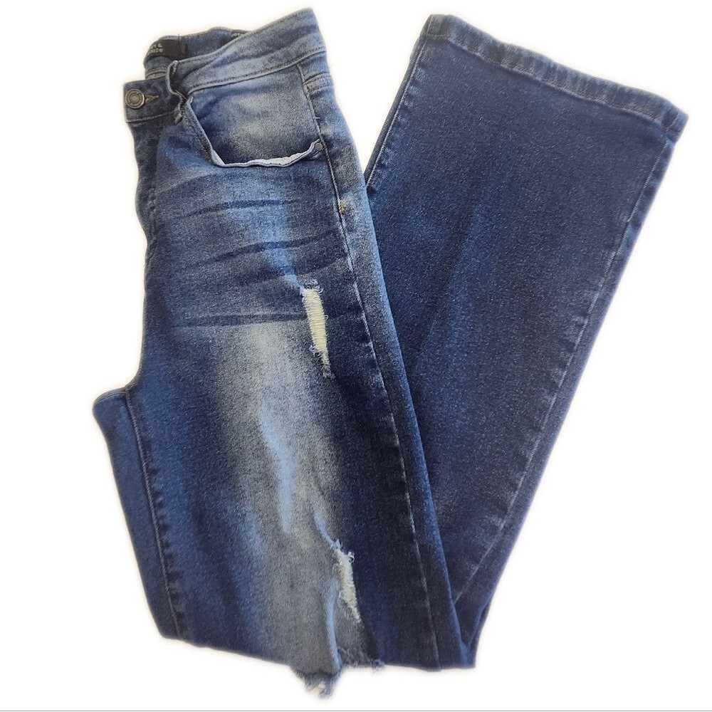 Lucky & Blessed Bootcut Fit Faded Blue & Distressed Jeans, Adjustable Waist! 10